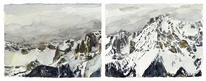 Christopher Lehmpfuhl · „Dachsteinmassiv in Wolken, Diptychon” · 2018 · Aquarell auf Papier · 27 x 80 cm