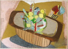 Silke Spitzer · „Zitronenexplosion in der Brotschale” · Ölstift, Ölkreide, Kugelschreiber, Bleistift, Pappe, Kork, Papier, Leinen, Tusche, Schellack · 100 x 140 cm