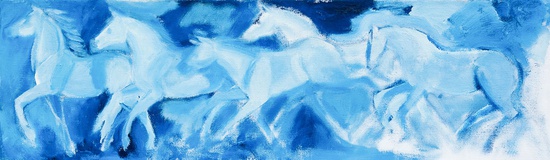 Dorothea Schrade · „Zug der weißen Pferde” · 2015 · Öl auf Leinwand · 30 x 80 cm
