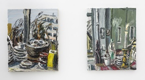 Christopher Lehmpfuhl · „Stillleben mit gelber Vase”,  2017 · und „Stillleben mit Kerze”, 2015 · Öl auf Leinwand · 50 x 40 cm 