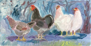  Dorothea Schrade, Hühner vor der Hecke, 2022, Öl auf Leinwand, 30 x 60 cm
