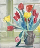 Dorothea Schrade,  Tulpenstrauß am Fenster, 2023, Öl auf Leinwand, 60 x 50 cm