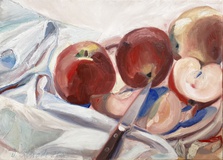 Dorothea Schrade · „Apfelstillleben mit Messer und Tuch” · Öl auf Leinwand · 50 x 70 cm