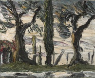 Christopher Lehmpfuhl · „Zypresse, umgarnt von zwei Olivenbäumen” · 2016 · Öl auf Leinwand · 24 x 30 cm