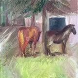 Dorothea Schrade · „Zwei Pferde am Stall” · 2020 · Öl auf Leinwand · 40 x 40 cm