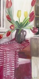 Dorothea Schrade · „Tulpenstrauß mit Streifendecke” · 2022 · Öl auf Leinwand · 80 x 40 cm